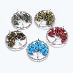 Mixed Stone Tree of Life Wire Wrap Pendants, Bass Findings with Gemstone Chips, Quartz, Flat Round, Mixed Color, about 48mm wide, 56mm long, hole: 6mm