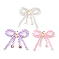 Mixed Color 3Pcs Glass Seed Beaded Bowknot with Heart Pendants, with Glass & Brass & 304 Stainless Steel Open Jump Rings, Mixed Color, 45~50x45~48x6.5mm, Hole: 5mm