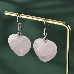 Розовый Кварц Естественно выросли болтаться серьги кварцевые, с латунной найти, сердце, платина, 39~41 мм, 19~21x7~8 мм, Pin: 0.7 мм