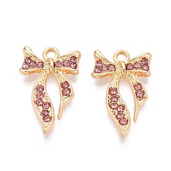 Розовый Подвески из сплава и страза, бантом, золотые, светло-розовый, 23x14x3 мм, отверстие : 1.8 мм