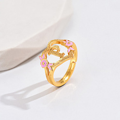 Letter P Регулируемые кольца для пальцев с латунным жемчугом и розовой эмалью в форме сердца и цветка, без кадмия, без никеля и без свинца, золотые, Письмо P, 14 мм, внутренний диаметр: 17 мм