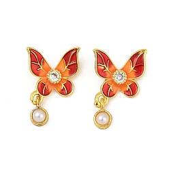 Красный Подвески из латуни с кубическим цирконием и искусственным жемчугом из АБС-пластика, без кадмия, без никеля и без свинца, бабочка, с эмалью, красные, 17x12x5 мм, отверстие : 3 мм