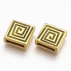 Or Antique Breloques coulissants de style tibétain, sans plomb et sans cadmium, carrée, Or antique, 14x14x5mm, Trou: 2mm
