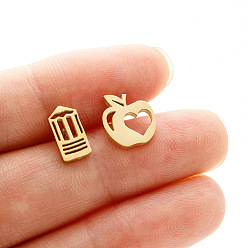 Золотой День учителя 304 серьги-гвоздики из нержавеющей стали, яблоко и карандаш, слева и справа, золотые, 10x9 mm и 10x5 mm