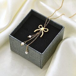 Настоящее золото 14K Ионное покрытие (ip) 304 ожерелье с подвеской из нержавеющей стали, с ABS имитации жемчуга, бантом, реальный 14 k позолоченный, 15.55 дюйм (39.5 см)