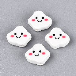Белый Ручной фарфоровые керамические шарики, облако и улыбающееся лицо, напечатанный, белые, 15x17.5x7 мм, отверстие : 2 мм