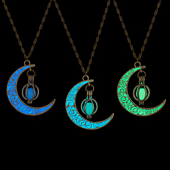 Mixed Color 3Pcs 3 Colors Platinum Plated Alloy Crescent Moon Pendant Necklaces Set, Glow in the Dark Synthetic Luminous Stone Jewelry for Women, Mixed Color, 18.11 inch(46cm), 1Pc/color