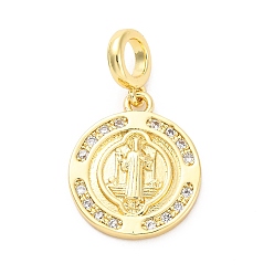 Плоский Круглый Латунные прозрачные кубические цирконии европейские подвески-подвески, религия большие дырки подвески, реальный 16 k позолоченный, плоско-круглые, без кадмия и без свинца, 25 мм, отверстие : 4.5 мм, подвески: 18.5x16x2.5 мм