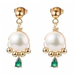 Green Natural Pearl Dangle Stud Earrings, with Brass Cubic Zirconia Teardrop Charms and Ear Nuts, Round, Golden, Green, 28mm, Pin: 0.8mm