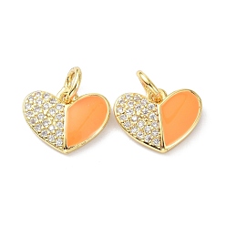 Оранжевый Подвеска из экологически чистой латуни с микропаве из прозрачной эмали из кубического циркония, с прыжковых колец, долговечный, сердце, реальный 18 k позолоченный, оранжевые, 10x12x2 мм, отверстие : 3.4 мм