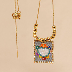 Светло-Синий Подвеска в форме сердца из стеклянных бус во французском стиле с латунной коробкой, регулируемые ожерелья для женщин и мужчин, золотые, голубой