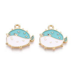 Небесно-голубой Сплав эмали рыбы подвески, без кадмия, без никеля и без свинца, золотой свет, рыба-шар, голубой, 17x18x1.5 мм, отверстие : 1.6 мм