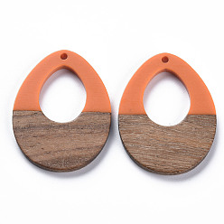 Dark Orange Opaque Resin & Walnut Wood Pendants, Two Tone, Teardrop, Dark Orange, 37x28.5x3mm, Hole: 2mm