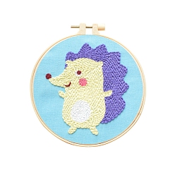 Hedgehog Animal Theme DIY Display Decoration Punch Embroidery Beginner Kit, Including Punch Pen, Needles & Yarn, Cotton Fabric, Threader, Plastic Embroidery Hoop, Instruction Sheet, Hedgehog, 155x155mm