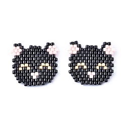 Black Handmade Seed Beads Pendants, with Elastic Thread, Loom Pattern, Cat Shape, Black, 18~19x19~20x1.5mm