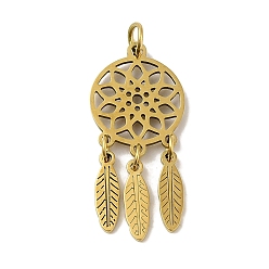 Настоящее золото 18K Вакуумное покрытие pvd 201 подвески из нержавеющей стали, с прыжковых колец, тканая паутина/сетка с подвеской в виде перьев, реальный 18 k позолоченный, 31x13.5x4 мм, отверстие : 3 мм