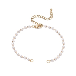 Золотой Изготовление браслета-цепочки ручной работы из латуни и круглого АБС-пластика с имитацией жемчуга, белые, золотые, 6-3/4 дюйм (17 см), отверстие : 2 мм