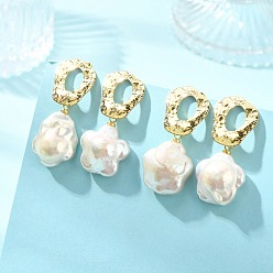 Golden Brass Natural Keshi Pearl Stud Dangle Earrings, Oval & Flower, Golden, 35~37x15~17mm