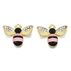 Pink Стойки обшивки сплава эмали подвески, с кристально горный хрусталь, без кадмия, без никеля и без свинца, золотой свет, Пчелы, розовые, 19x23x5 мм, отверстие : 1.4 мм