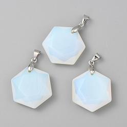 Opalite Faceted Opalite Pendants, with Platinum Tone Brass Findings, Hexagon, 28x25x9mm, Hole: 4x5mm