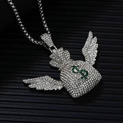 Серебро Ожерелье из сплава с подвеской в виде крылатого денежного мешка, полностью украшенное изумрудами и хрустальными стразами, серебряные, 23.62 дюйм (60 см)