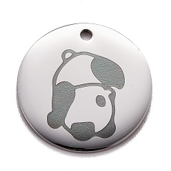 Stainless Steel Color Non-Tarnish Stainless Steel Pendants, Manual Polishing, Flat Round with Panda, Stainless Steel Color, 20x1.4mm, Hole: 1.6mm