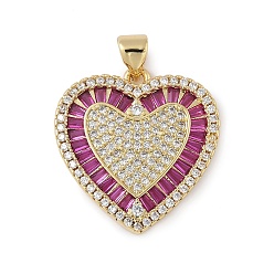 Фуксиновый Латунные микро проложить кубического циркония подвески, сердце, долговечный, стойки покрытие, реальный 18 k позолоченный, красно-фиолетовые, 22x21x2.5 мм, отверстие : 4x3.5 мм