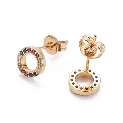 Real 18K Gold Plated Brass Micro Pave Cubic Zirconia Stud Earrings, with Brass Ear Nuts, Ring, Colorful, Real 18K Gold Plated, 7x2mm, Pin: 0.7mm