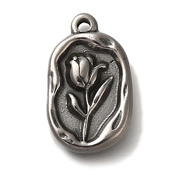 Oval 304 подвески из нержавеющей стали, античное серебро, цветочный шарм, овальные, 20x12x3.2 мм, отверстие : 1.6 мм