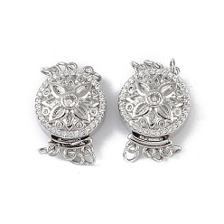 Платина Покрытие стойки латунь микро паве прозрачный кубический цирконий застежки коробки, 3 нитей, 6-луночное, плоские круглые с цветочным узором, платина, 21x15.5x8.5 мм, отверстие : 2.4 мм