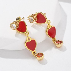 Сердце Серьги-гвоздики с цирконом из латуни, с эмалью, стойки покрытие, долговечный, без свинца и без кадмия, реальный 18 k позолоченный, сердце, 33x6.5 мм