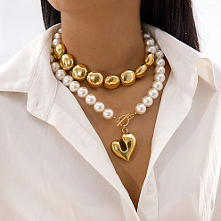 Золотой CCB пластиковый кулон в форме сердца, сплав и пластиковые бусины из жемчуга, двухслойное ожерелье для женщин, белые, золотые, 14.37 дюйм (36.5 см), 2 шт / комплект