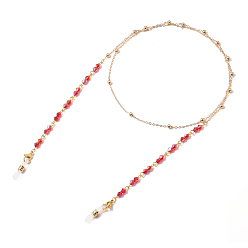 Rouge Chaînes de lunettes, tour de cou pour lunettes, avec des chaînes de câble en laiton, perles de verre toupie, 304 fermoirs à pince de homard en acier inoxydable et extrémités en caoutchouc, or, rouge, 31.89 pouce (81 cm)