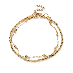 Golden 304 Stainless Steel Multi-strand Bracelet, Twist Rope & Satellite Chain Double Layer Bracelet for Women, Golden, 7-1/2 inch(19cm)