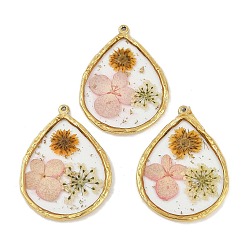 Настоящее золото 18K Ионное покрытие (ip) 304 подвески из нержавеющей стали, с эпоксидной смолой и сухоцветами, слеза, реальный 18 k позолоченный, 42x32x2.5 мм, отверстие : 1.4 мм