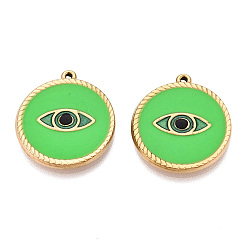 Lime Green 303 Stainless Steel Enamel Pendants, Flat Round with Evil Eye Pattern Charms, Ion Plating(IP), Real 18K Gold Plated, Lime Green, 21x19x2mm, Hole: 1mm