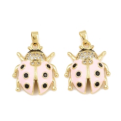 Pink Brass Micro Pave Cubic Zirconia Pendants, with Enamel, Ladybird Charms, Real 18K Gold Plated, Pink, 22x18.5x5.5mm, Hole: 3.5x2.5mm