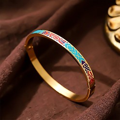 Colorful 304 Stainless Steel Enamel Hinged Cuff Bangles for Women, Real 18K Gold Plated, Colorful, Inner Diameter: 2.36 inch(6cm)