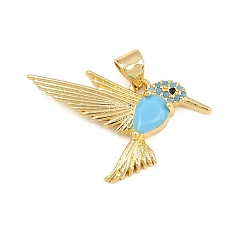 Real 18K Gold Plated Brass Micro Pave Sky Blue Cubic Zirconia Pendants, Hummingbird Charms, Real 18K Gold Plated, 19x29x4mm, Hole: 4x3mm