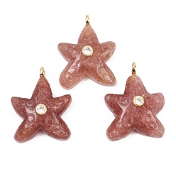 Клубничный Кварц Натуральные кварцевые подвески из клубники, Подвески в виде морских звезд с латунными микрофибровыми вставками из прозрачного кубического циркония., 27~28.5x21~21.5x8.5~9 мм, отверстие : 3 мм