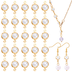 Real 18K Gold Plated 40Pcs Brass ABS Imitation Pearl Connector Charms, Flat Round Links, Creamy White, Long-Lasting Plated, Nickel Free, Real 18K Gold Plated, 13x7x6mm, Hole: 0.9~1mm