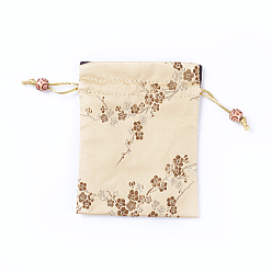 Bisque Silk Packing Pouches, Drawstring Bags, with Wood Beads, Bisque, 14.7~15x10.9~11.9cm