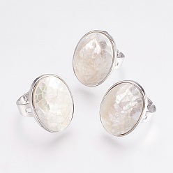 White Adjustable Natural White Shell Finger Rings, with Platinum Tone Brass Findings, Oval, White, Size 8, 18mm