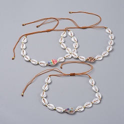 Mixed Color Adjustable Nylon Thread Braided Necklaces, with Acrylic Imitation Pearl Beads, Brass Beads and Printed Cowrie Shell Beads, Sienna, 11.02 inch~25.2 inch(28~64cm)