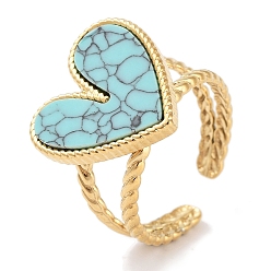 Синтетическая Бирюза Ионное покрытие (ip) 304 кольцо из нержавеющей стали, регулируемые синтетические бирюзовые кольца, сердце, 18x17.5 мм, внутренний диаметр: регулируемый