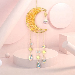 Желтый Кварц Медная проволока, обернутая натуральной желтой кварцевой крошкой и металлической луной с подвесками в виде древа жизни, подвесные ловцы солнца, со стеклянной подвеской-каплейкой, 50x11 см