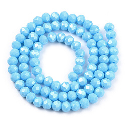 Deep Sky Blue Electroplate Glass Beads Strands, Pearl Luster Plated, Faceted, Rondelle, Deep Sky Blue, 3.5x3mm, Hole: 0.4mm, about 123~127pcs/strand, 13.7~14.1 inch(35~36cm)