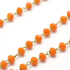 Темно-Оранжевый Ручной цепи стекло бисером, пайки, с катушкой, с необработанной (без покрытия) латунной фурнитурой, без никеля , граненые, рондель, темно-оранжевый, 2.5~3 мм, около 32.8 футов (10 м) / рулон