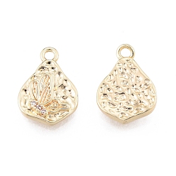 Real 18K Gold Plated Brass Micro Pave Clear Cubic Zirconia Charms, Cadmium Free & Nickel Free & Lead Free, Textured, Teardrop with Butterfly, Real 18K Gold Plated, 14.5x10x2.5mm, Hole: 1.5mm