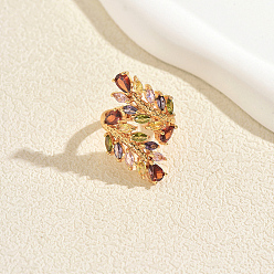 Golden Offene Manschettenringe aus Messing mit Mikropavé-Fassung und farbenfrohen Zirkonia für Damen, Blatt, golden, 20 mm, Innendurchmesser: 16~18 mm